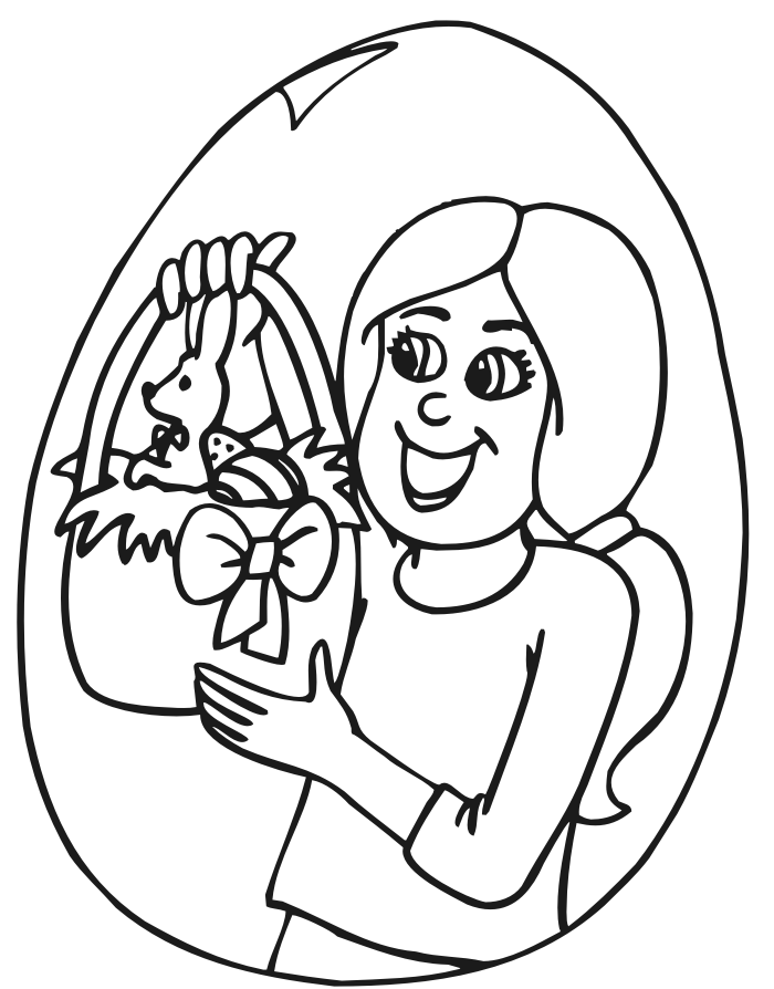Easter coloring page of a girl with her Easter basket