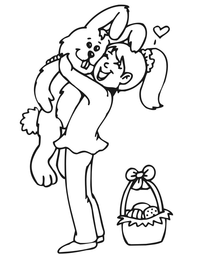 Easter coloring page of a girl with a bunny and easter basket