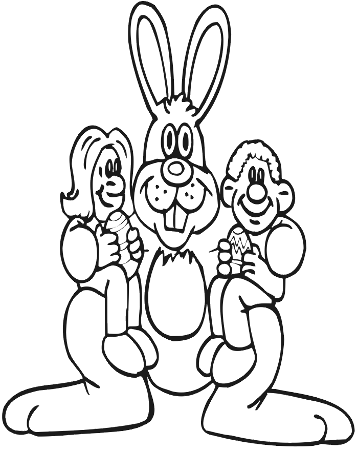 Easter coloring page of kids on a large bunny's lap