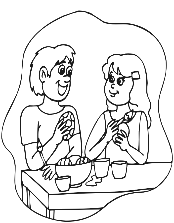 Easter coloring page of kids painting easter eggs