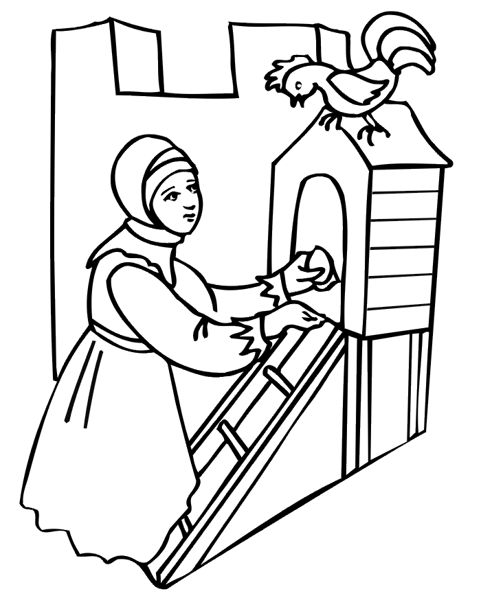 Farm animal coloring page of a hen on a henhouse.