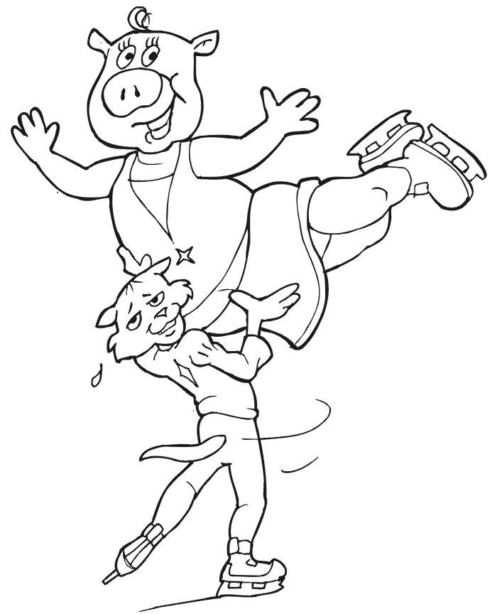 Figure skating coloring page: Fox and pig pairs team with fox lifting pig.