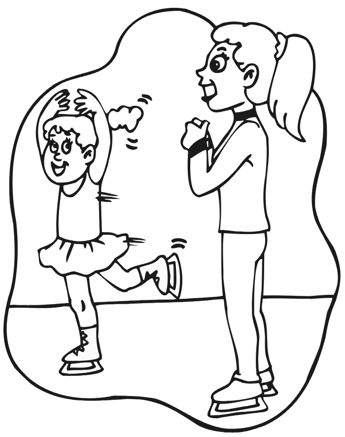Figure skating coloring page: Coach making girl practice her spins.