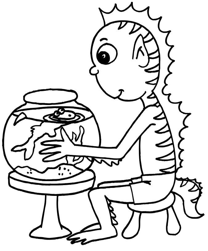 Goldfish coloring page - with alien