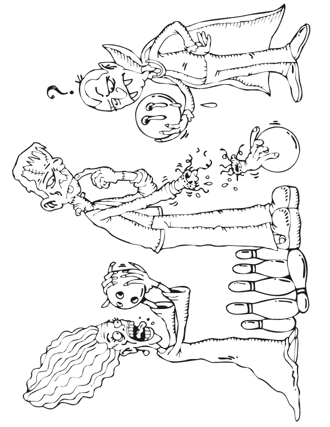 Frankenstein coloring page: Bowling with monster friends