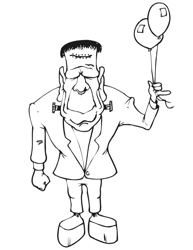 Frankenstein coloring page: big monster, small balloons