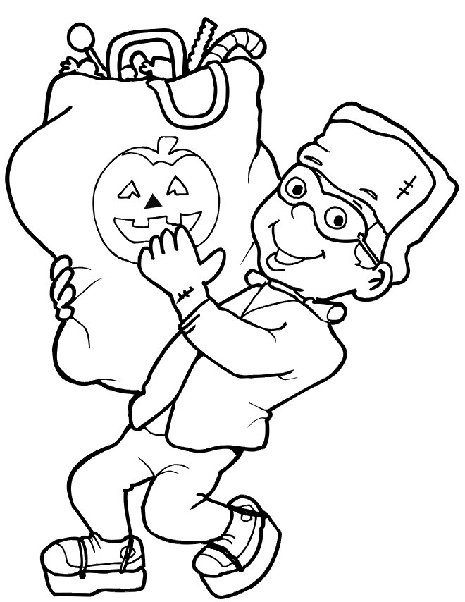 Frankenstein coloring page: In Costume with candy bag