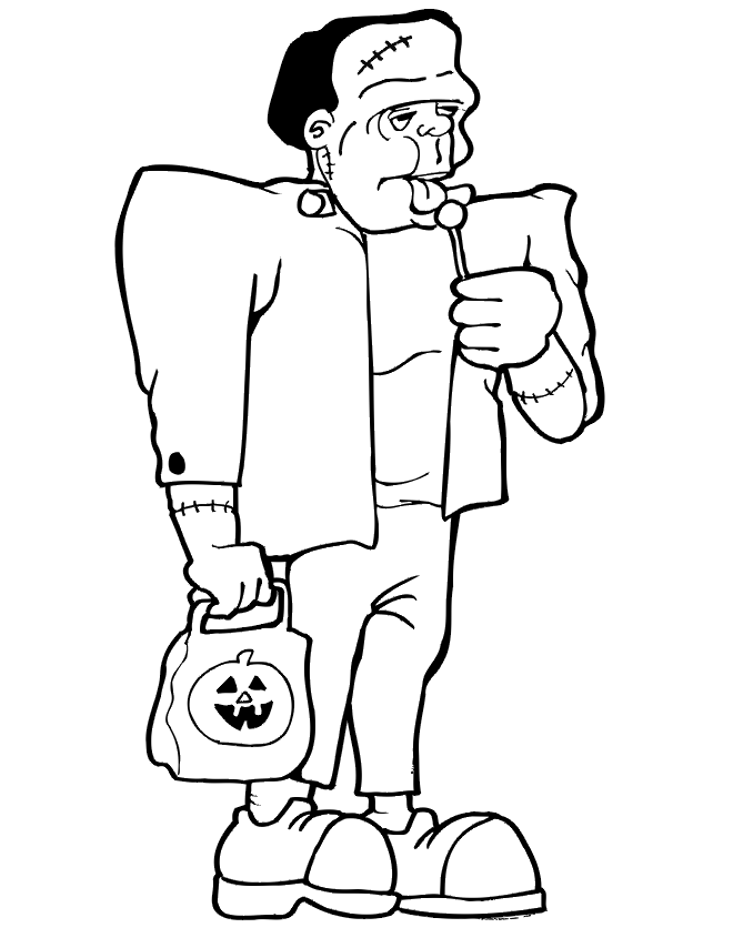 Frankenstein coloring page: With trick or treat bag