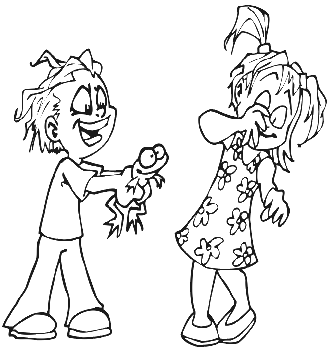 Frog Coloring Picture: boy teasing girl