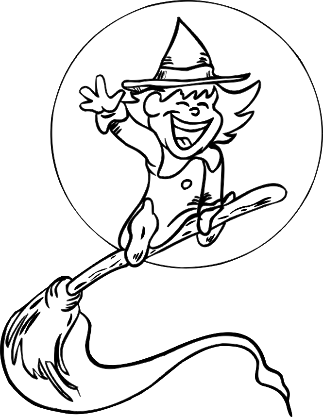 Witch Coloring Page | Young Witch Flying On Broom