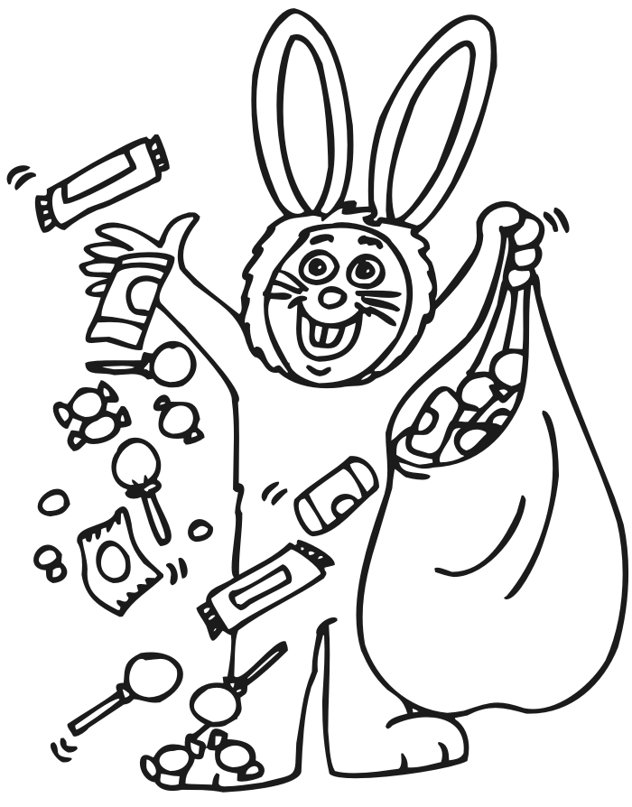 halloween coloring page of a kid in a bunny costume