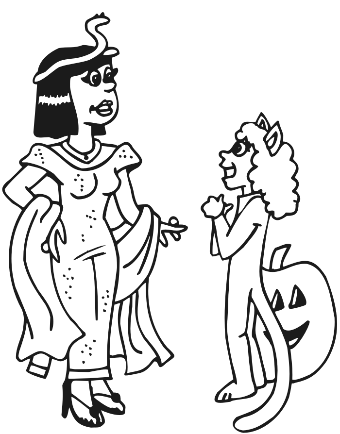 halloween coloring page of cleopatra and kitty costume