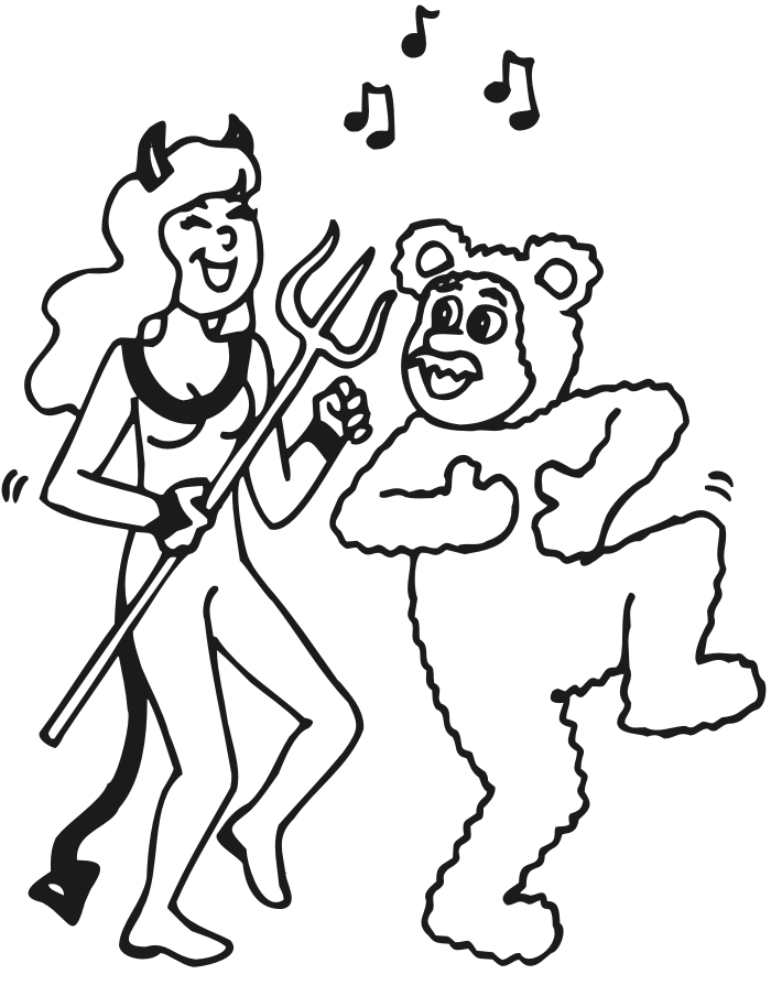 halloween coloring page of people in devil and bear costumes