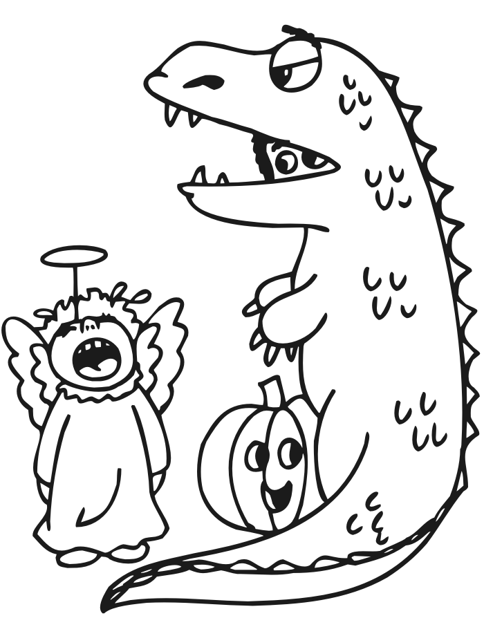 halloween coloring page of a guy in a lizard costume scaring a kid