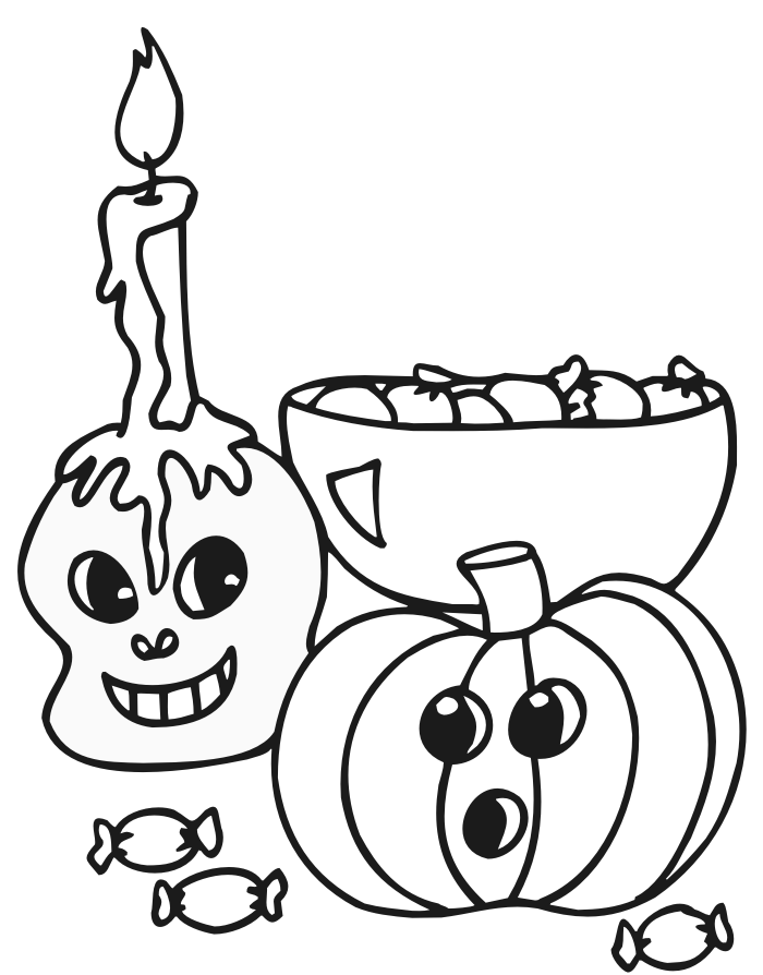 halloween coloring page of a skull, pumpkin and candy