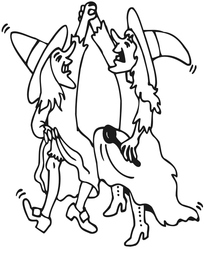 halloween coloring page of 2 witches dancing