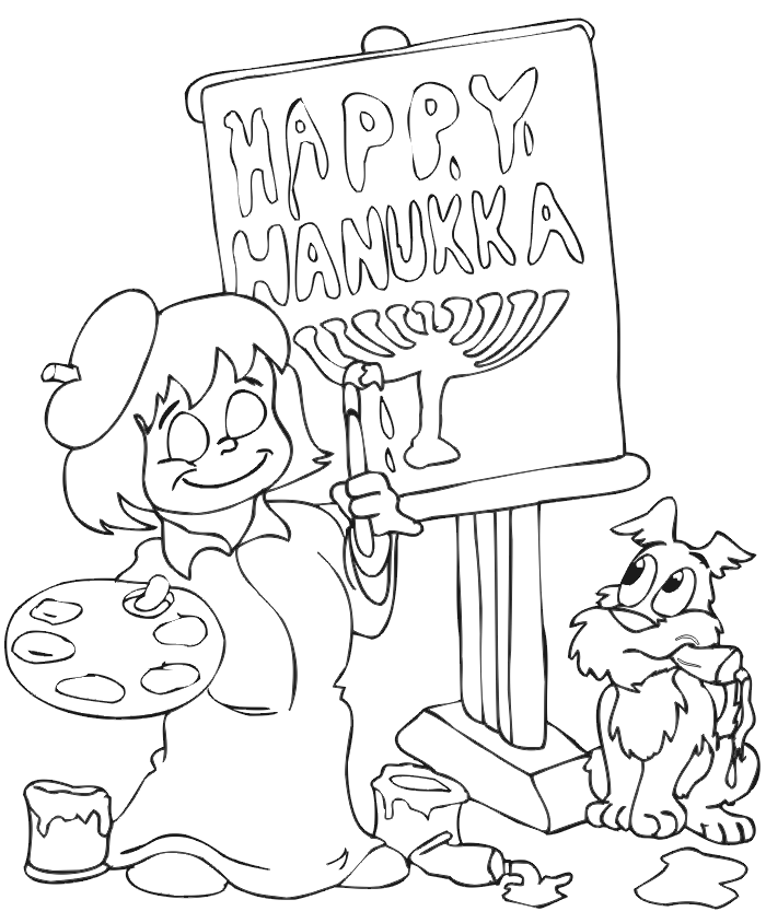 Coloring page of girl painting Happy Hanukkah poster
