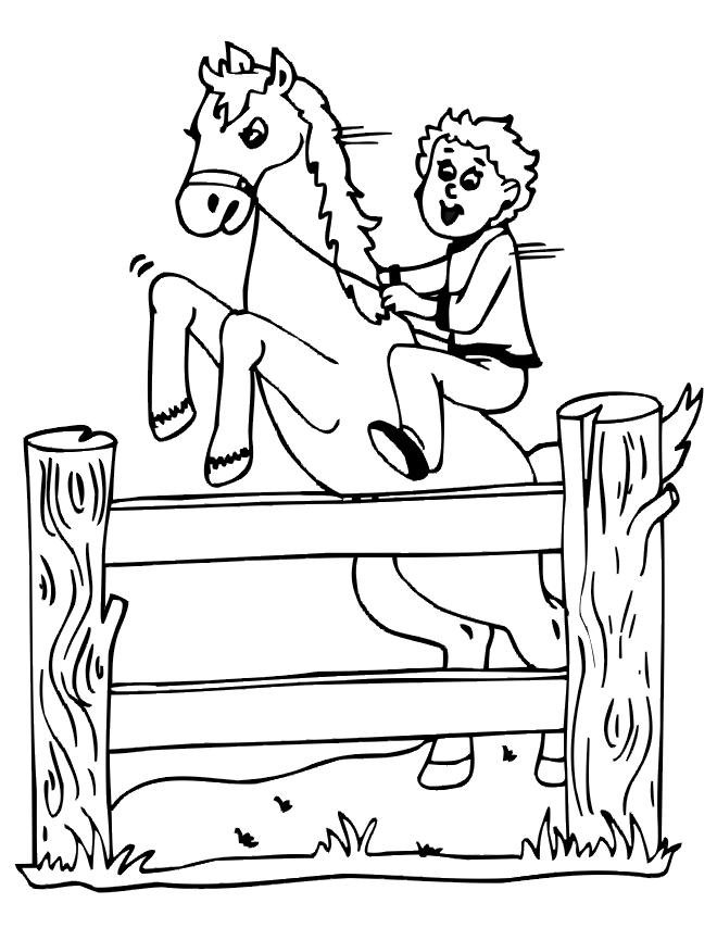 boy with a jumping horse coloring page