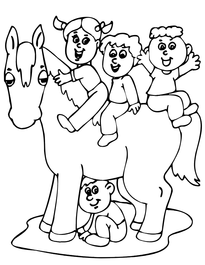kids riding a horse coloring page