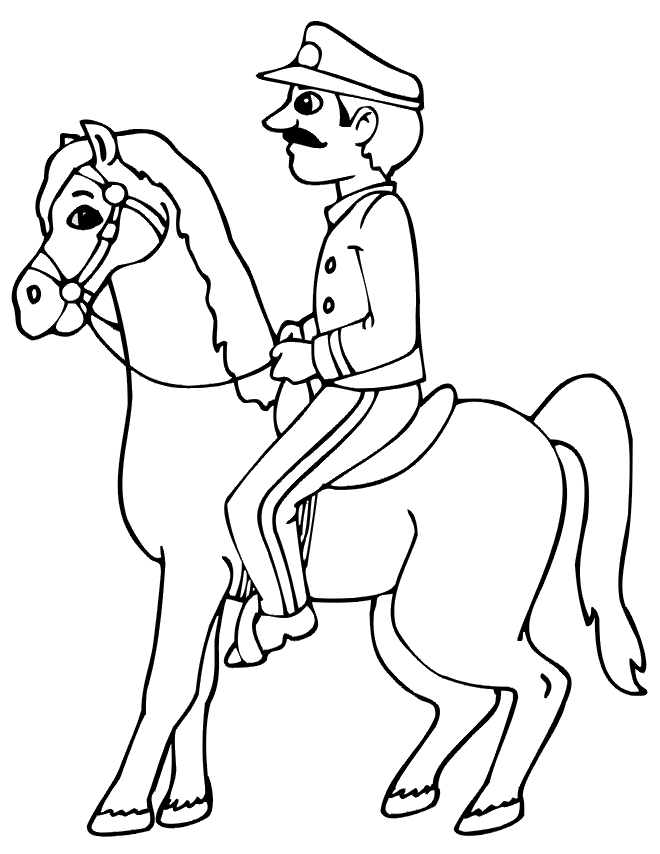 free horse coloring page: horse with a policeman