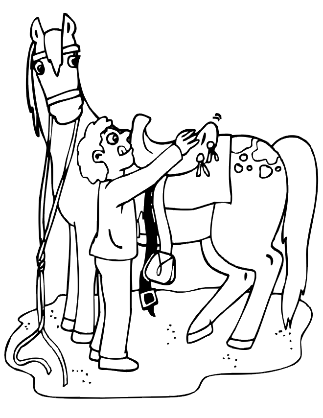 free horse coloring page: horse being saddled