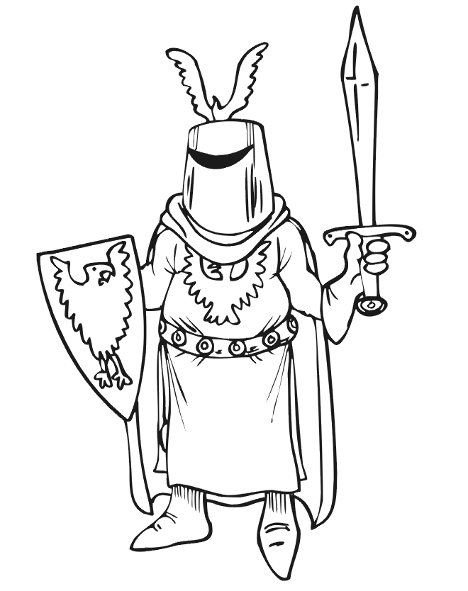 Knight Coloring Page: knight with helmet, shield and sword