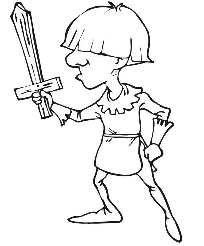Knight Coloring Page: squire with wooden sword