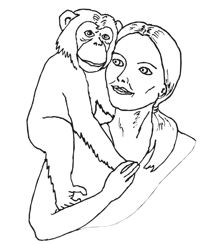 Monkey coloring page: chimp on a woman's shoulder