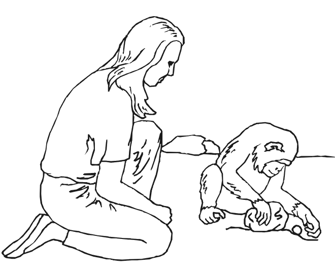 Monkey coloring page: chimp with a woman