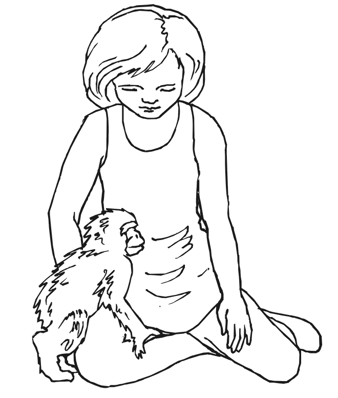 Monkey coloring page: girl with monkey