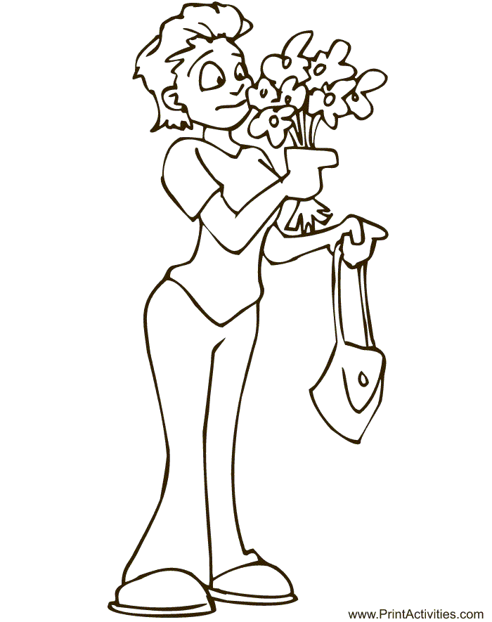 Mother's Day coloring page: Mom holding flowers
