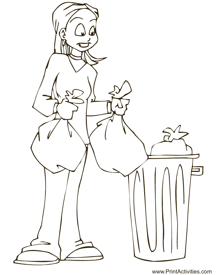 Mother's Day coloring page: Mom taking out the trash