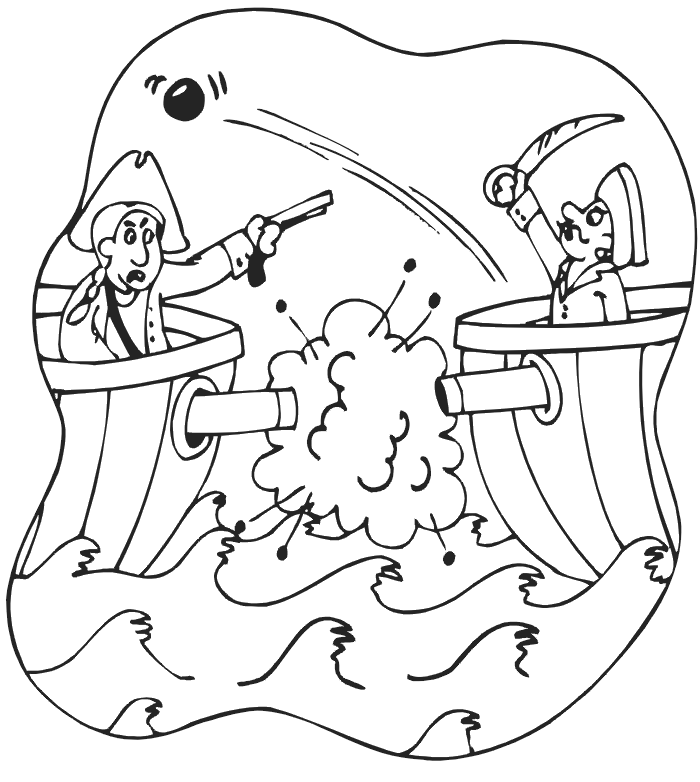 Pirate coloring page: two pirate ships in battle