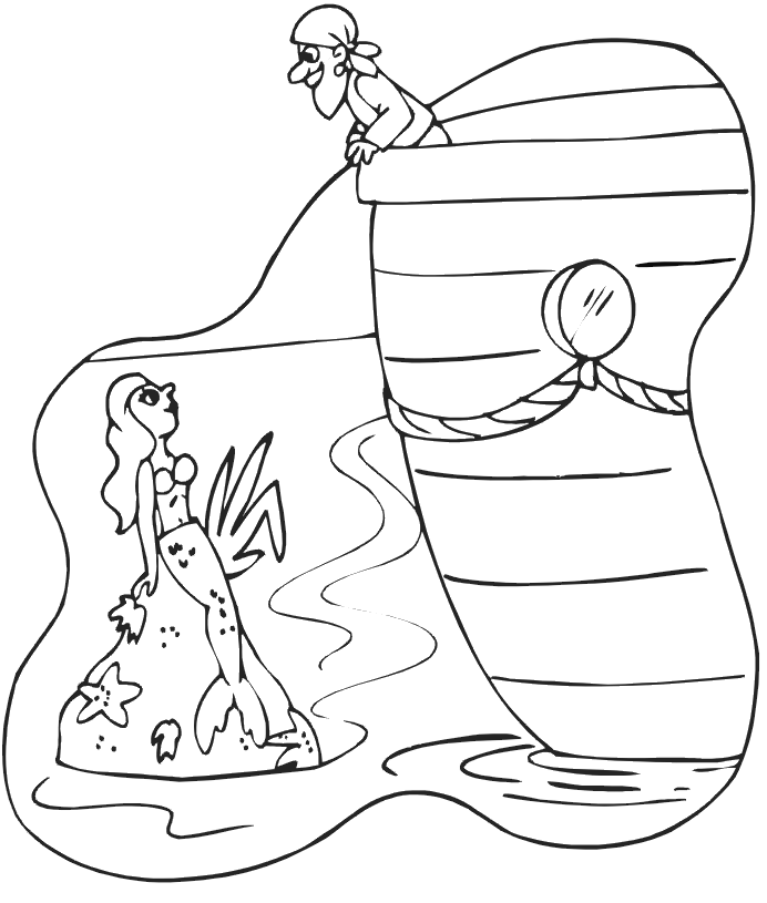 Pirate coloring page: seeing a mermaid from the pirate ship