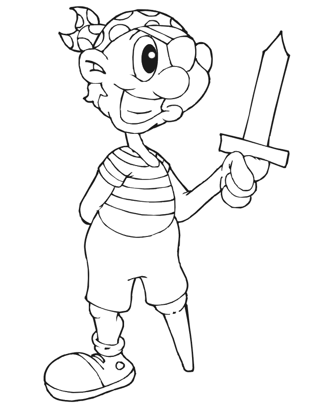 Pirate coloring page: pirate with wooden peg leg