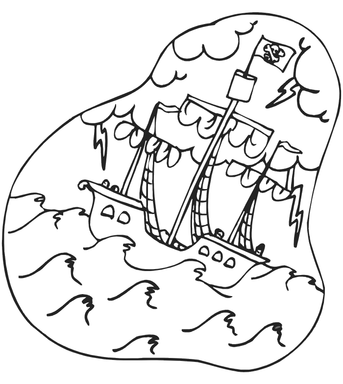 Pirate coloring page: pirate ship on stormy seas