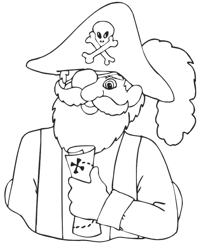 Pirate coloring page: pirate with treasure map