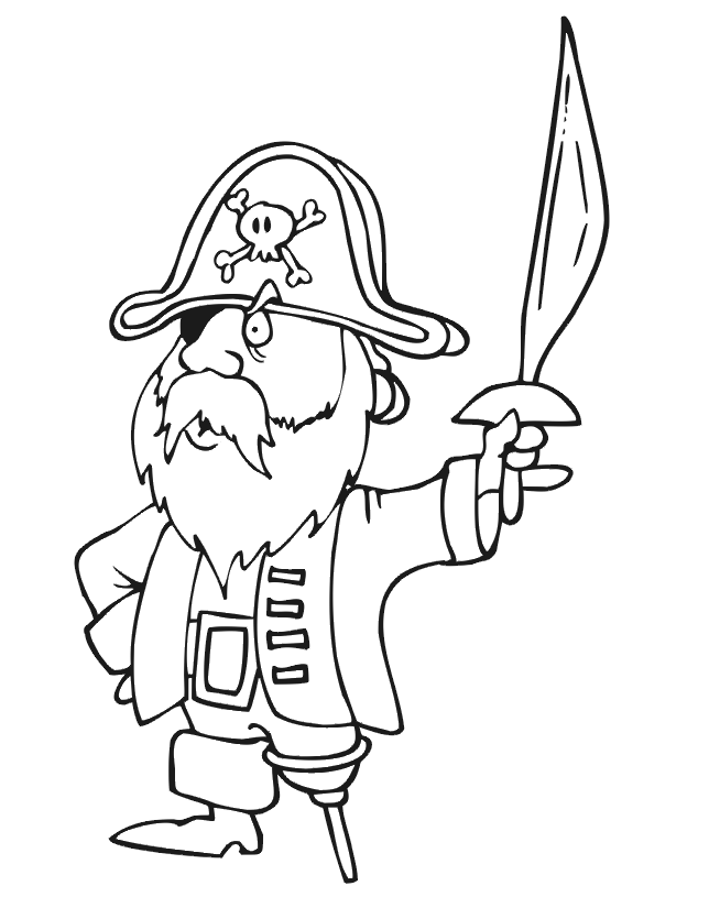Pirate coloring page: with wooden leg and sword