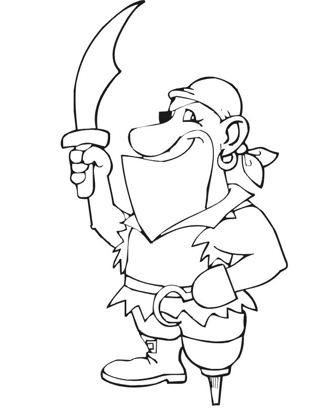 Pirate coloring page: with wooden leg, hook hand, and sword