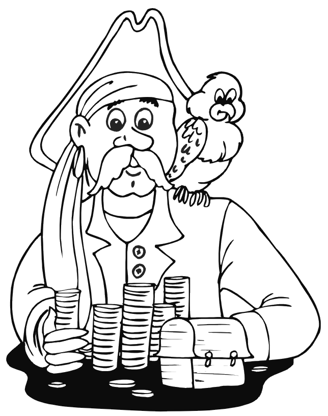 Pirate coloring page: with treasure and parrot