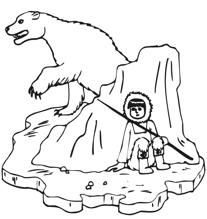Polar Bear Coloring Page: with Eskimo hunter