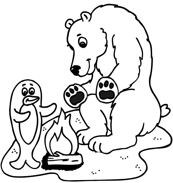 Penguin and Polar Bear at campfire