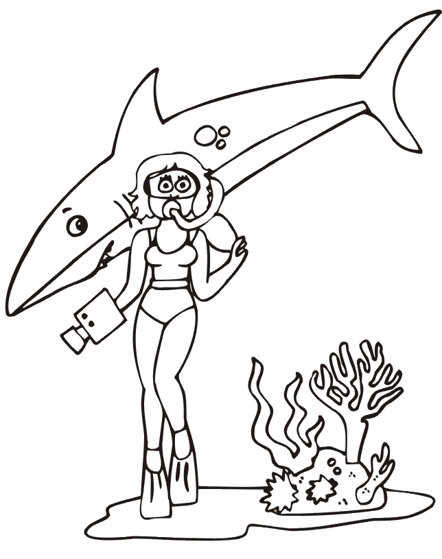 Shark coloring page - with diver