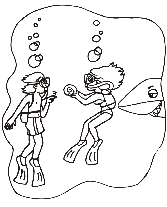 Shark coloring page - behind diver