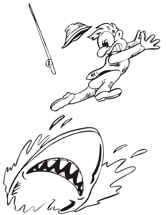 Shark coloring page - scaring a fisherman