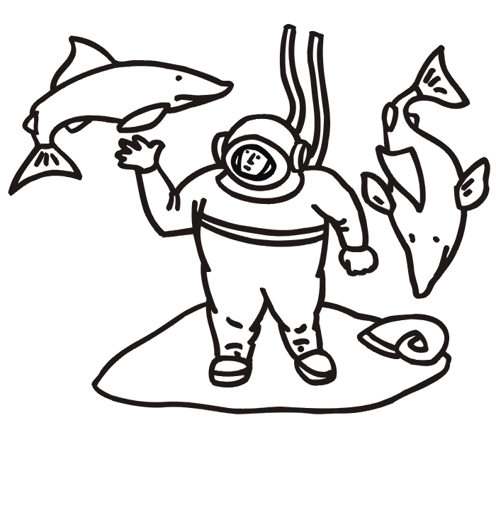 Shark coloring page - swimming around diver