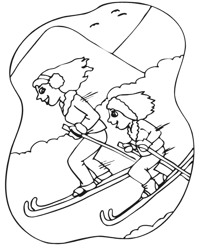 Skiing Coloring Page: Mom and Daughter Skiing