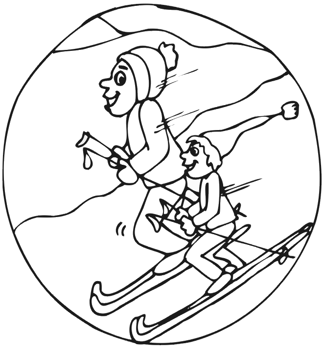 Skiing Coloring Page: Parent and child Skiing