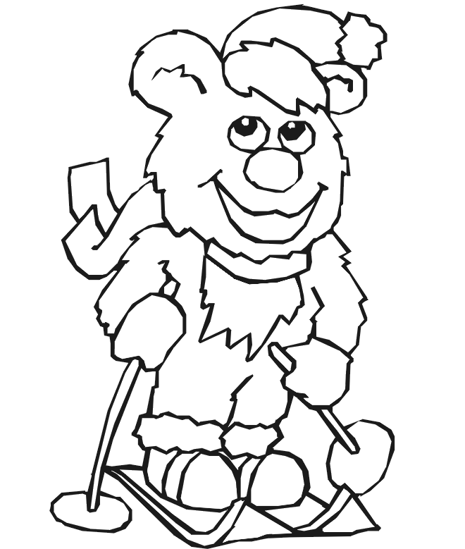 Skiing Coloring Page: Teddy bear skier