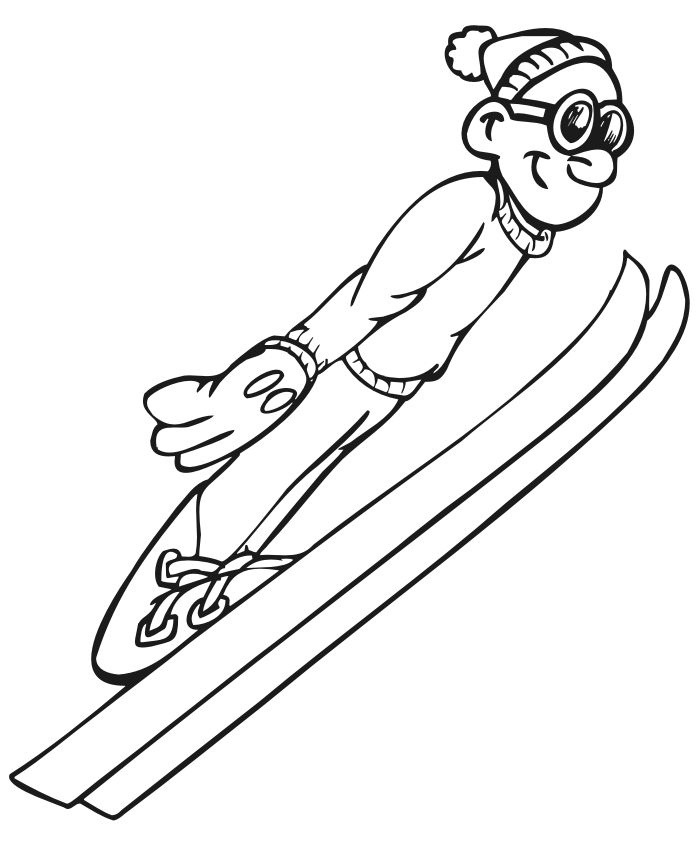 Skiing Coloring Page: Ski jumper in flight